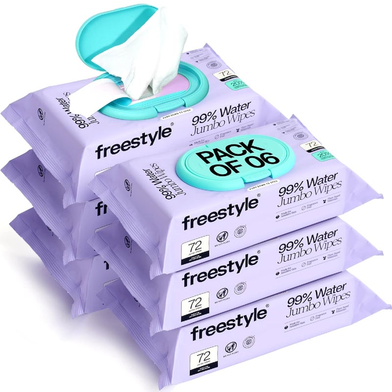 Freestyle Soft Jumbo Baby Wipes, Hypoallergenic and Unscented, Water-Based Wet Wipes for Babies, Finely Suited for Sensitive Skin, Thick & Oversized, Pack of 6, 72 Wipes Per Pack - Image 1